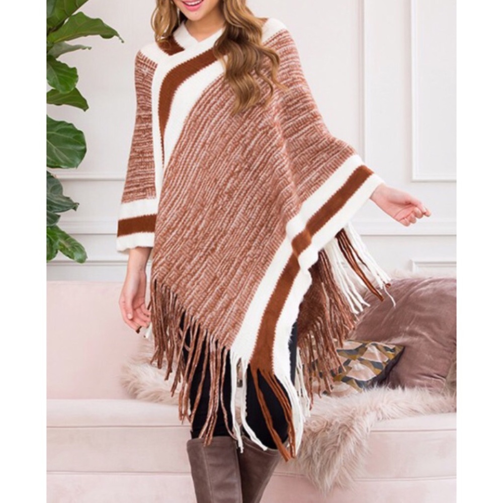 Brown Striped Fringe Poncho - OS - NWT